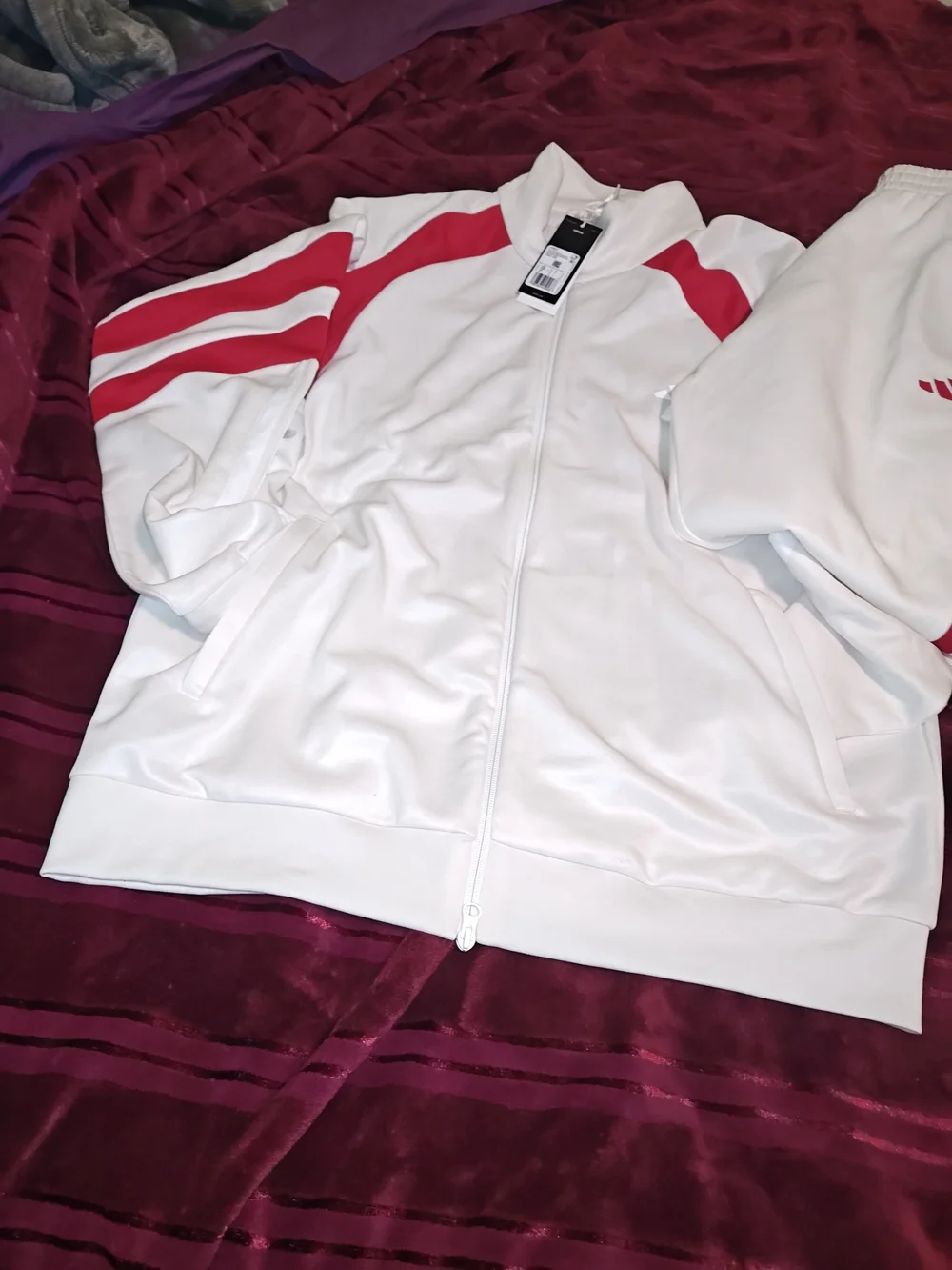 adidas White Track Jacket & Pants Set with Red Stripes